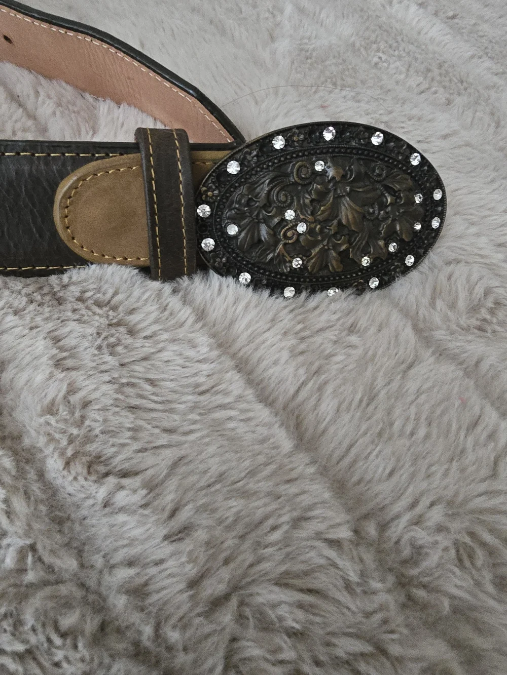 Women's Two-Tone Brown Leather Belt with Studded Buckle Azul Tequila Sz.36